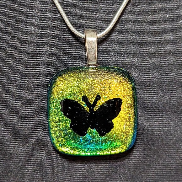 Rula Glass Jewelry - Signed BUTTERFLY Etch Green & Yellow Dichroic Glass Pendant w/ Sterling Chain